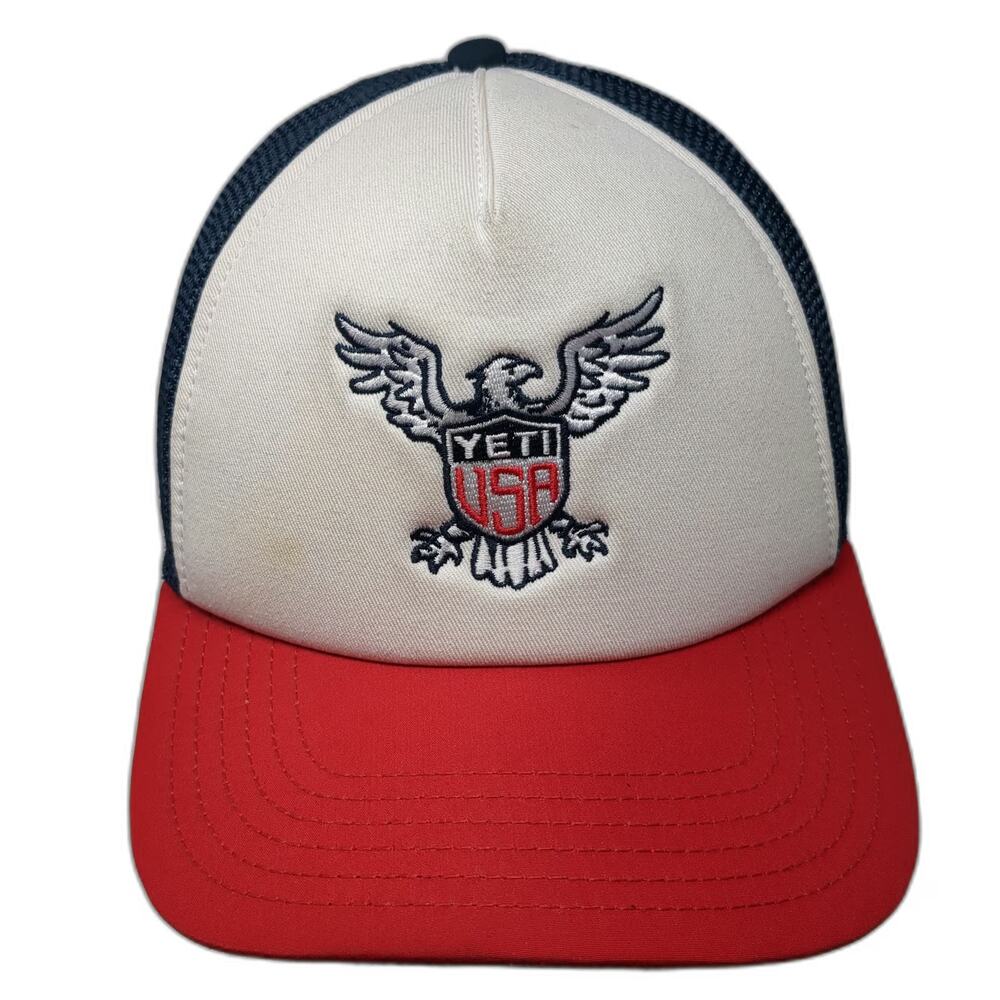 YETI Trucker Hat White Red Blue One Size Eagle USA Mesh Back Snapback Adjustable